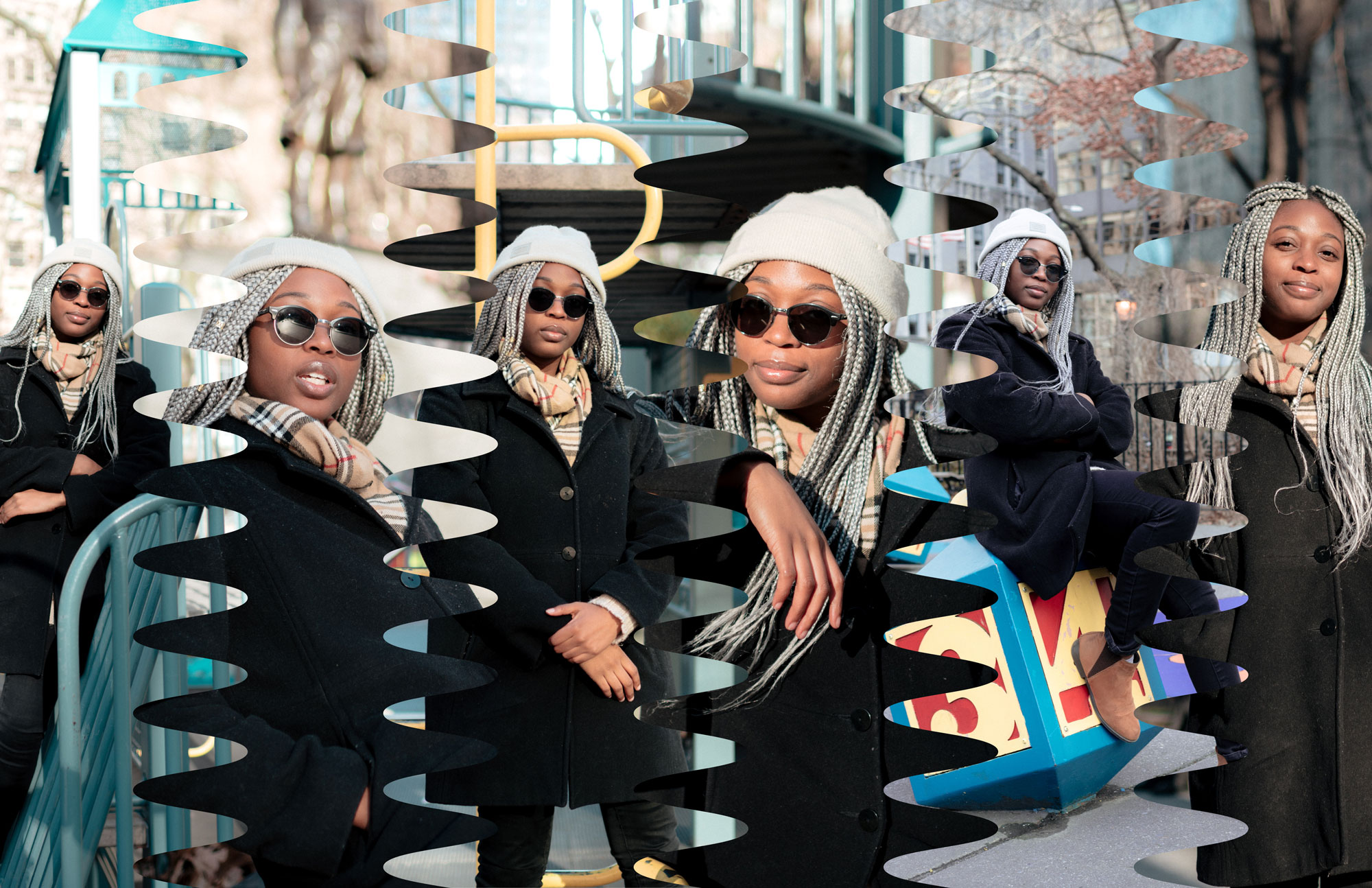 A collage of images cut out with wavy edges of a young woman posing in a playground, wearing a coat and sunglasses.